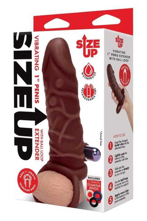 SIZE UP SILICONE VIBRATING REALISTIC PENIS EXTENDER WITH BALL LOOP DARK TAN