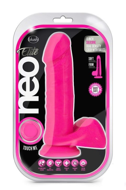 NEO ELITE 8 INCH SILICONE DUAL DENSITY COCK WITH BALLS NEON PINK