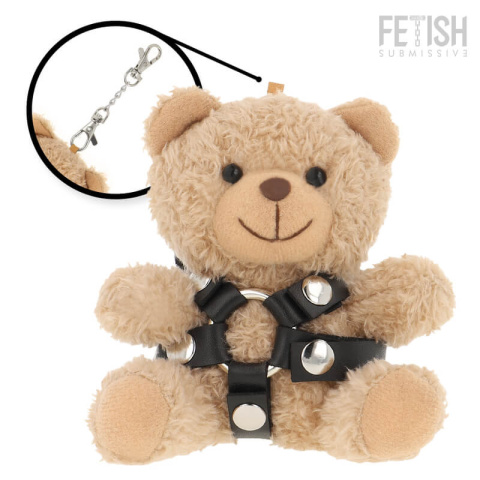 Bongo Teddy Bear BDSM Model #4 od Fetish Submissive, pluszowy miś z paskami i metalowymi elementami, widok z przodu